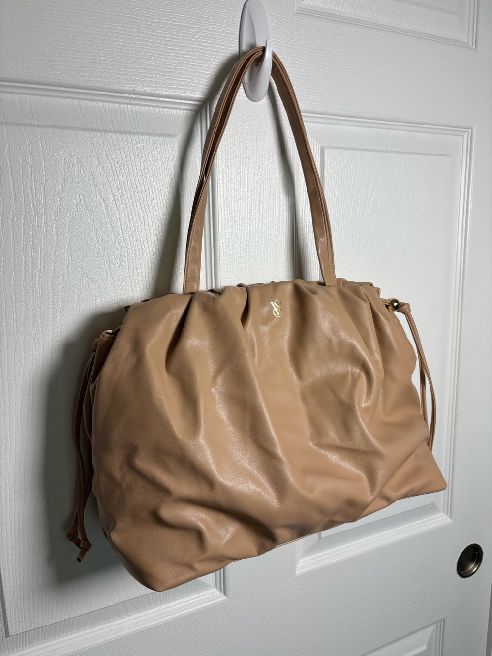 Victoria’s Secret Nude Faux Leather Ruched Drawstring Tote Bag NWT